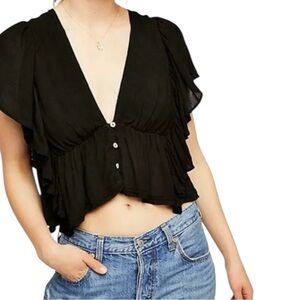 Free People Black Flutter Sleeve Crop Blouse